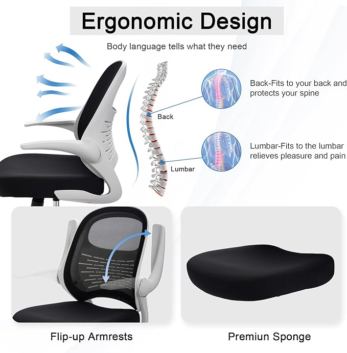 HYLONE Tall Drafting Chair Standing Desk Chair with Flip-Up Armrests, Adjustable Height Ergonomic Office Chair with Footrest Ring - High Stool Chair for Standing Desk (Black Mesh&White Base)-DeskLoop Office