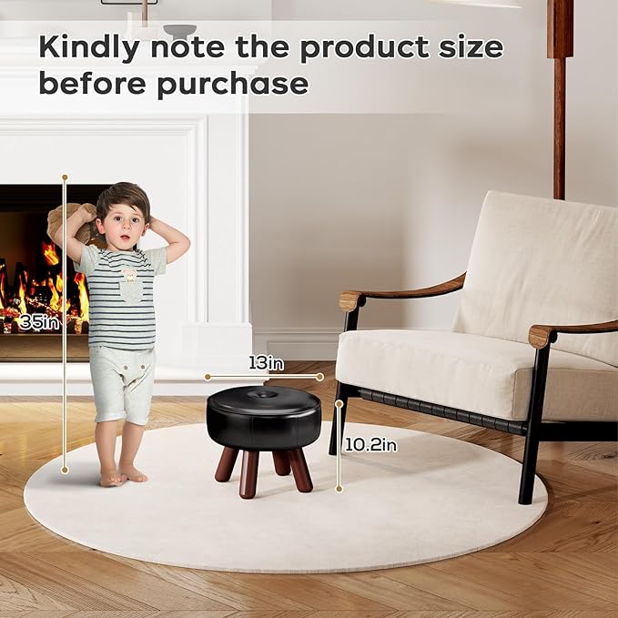 13in Small Foot Stool Ottoman, Round Faux Leather Foot Rest, Footstool Ottomans with Rubber Legs Under Desk, Footrest for Couch, Living Room, Bedroom, Office, 13''L x 13''W x 10.2''H, Black-DeskLoop Office