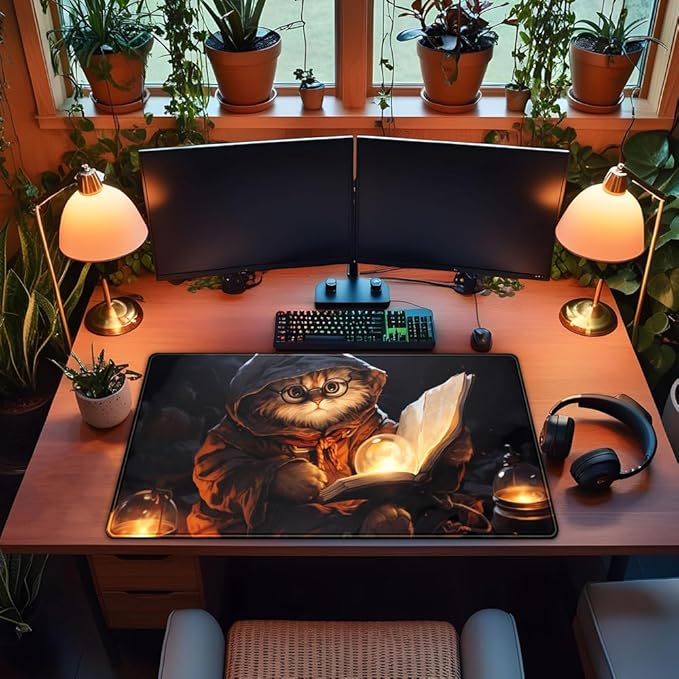 Magical Cat Desk Mouse Mat Black Vintage Desk Pad Playmat for MTG Large Mousepad Gaming Deskpad XXL Keyboard Mouse Pad Full Desktop Mat Desk Cover Mat for Work Office Home (31.5x15.7 in)-DeskLoop Office