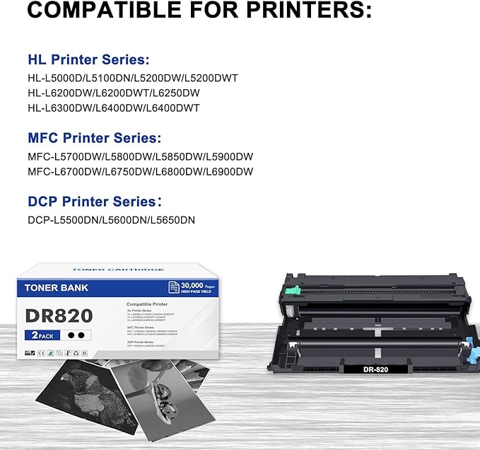 DR820 Drum Unit DR-820 DR 820 HL-L6200DW Compatible Replacement for Brother DR820 for HL-L6200DW HLL6200DW L6200DW MFC-L5850DW MFC-L5900DW MFC-L5700DW HL-L5200DW L5200DWT Printer Drum Unit 2PK-DeskLoop Office