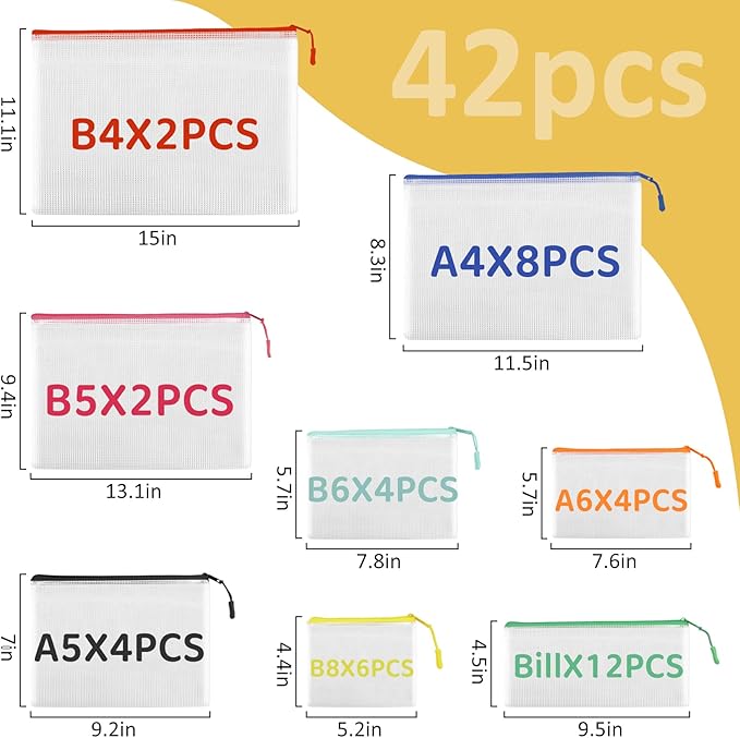 42pcs Mesh Zipper Pouch Bags, Puzzle Bag for Organizing Storage,12 Colors for Puzzles Board Game Storage, 8 Sizes for Reusable Plastic Zip Organizer for Travel-DeskLoop Office