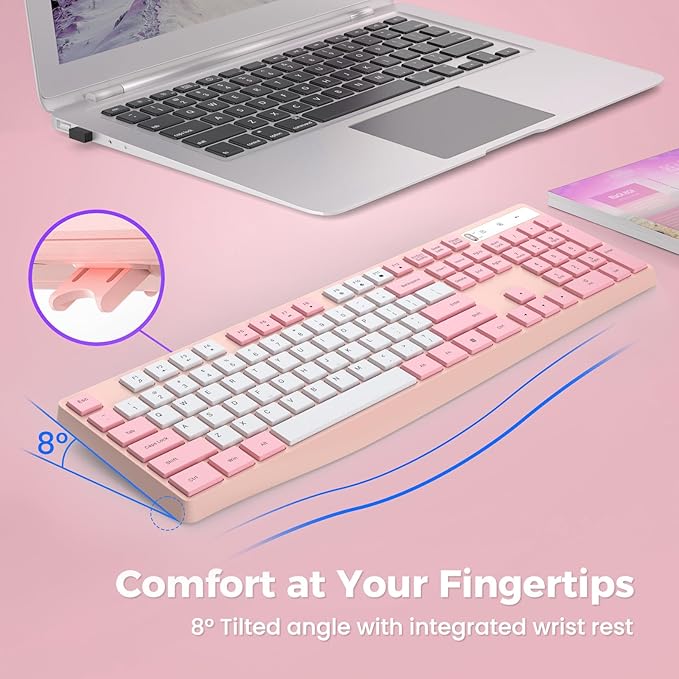 Lovaky Wireless Keyboard, 2.4G Ergonomic Wireless Computer Keyboard, Enlarged Indicator Light, Full Size PC Keyboard with Numeric Keypad for Laptop, Desktop, Surface, Chromebook, Notebook,PinkWhite-DeskLoop Office