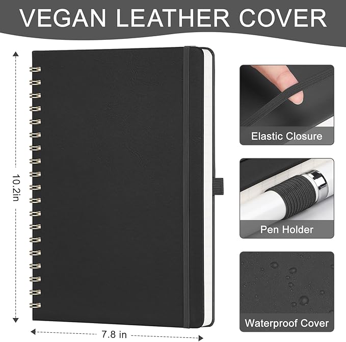 AHGXG Lined Spiral Journal Notebook, B5 Large Notebooks for Women Men, 140 Pages Hardcover Leather Notebook College Ruled, 100 GSM Paper, Notebooks for Work School Note Taking, 7.6" x 10", Black-DeskLoop Office