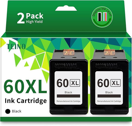 TEINO 60XL 60 Black Ink Cartridge Remanufactured Ink Cartridge Replacement for HP Ink 60 60XL for HP PhotoSmart C4680 C4780 C4795 C4640 D110 DeskJet F4480 F4440 F2430 F4280 Envy 100 110 120 (2 Black)-DeskLoop Office