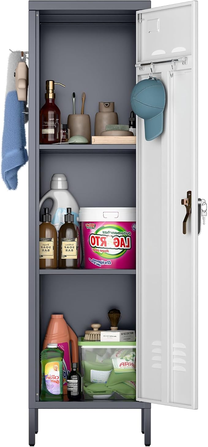 Aobabo Metal 54" H Metal Storage Locker for Employees, Lockable 1 Door with Towel Rack and 2 Side Pegboards with Hooks for Home School Office Gym, Assembly Required (Gray White)-DeskLoop Office