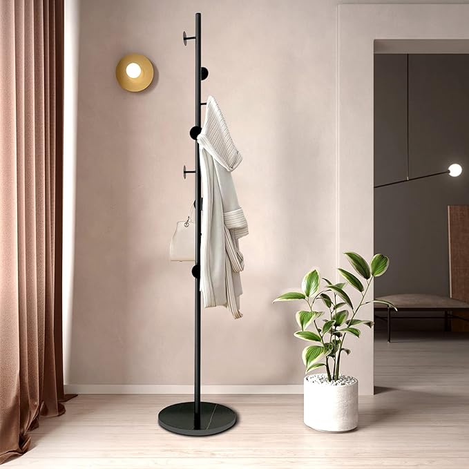 Coat Tree Freestanding, Metal Coat Rack Tree with 8 Hooks, Free Standing Hanger for Hats Scarves Purses Umbrellas, Coat Stands with Stable Base for Entryway Bedroom, Black-DeskLoop Office