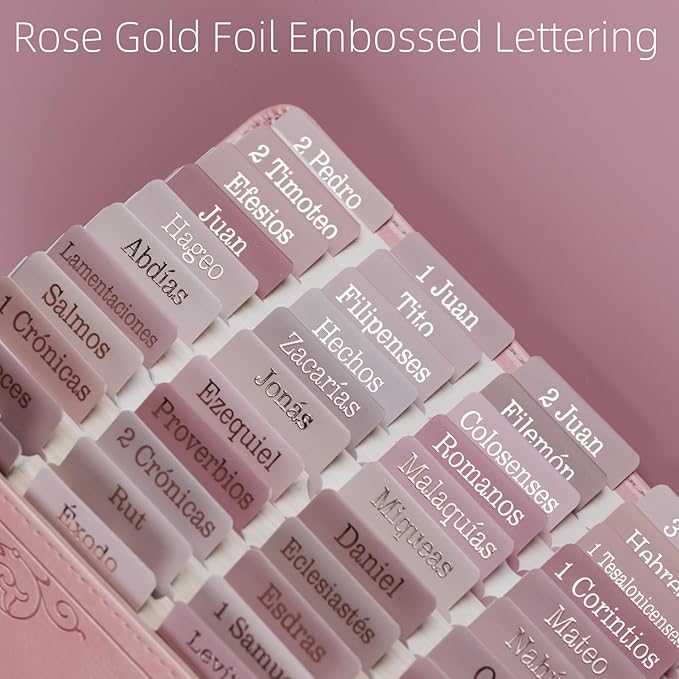 UPAFEXXI-Spanish Laminated Bible Tabs for Women and Men(Gold Foil Embossed Lettering) Pestañas de la Biblias, 80 Reposition Large Print tabs, Easy to Read and Apply(Pink)-DeskLoop Office