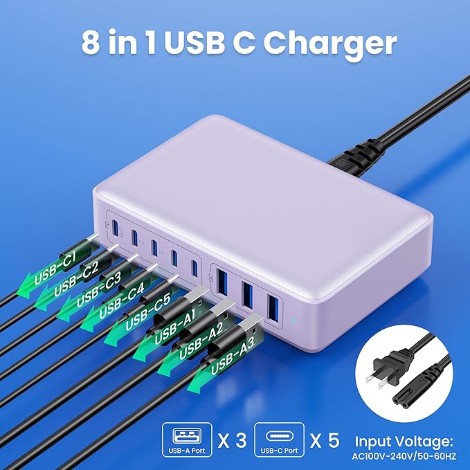 USB C Charger 300W USB C Charger Block 8-Ports GaN IV Fast Charging Station,PD 100W Laptop Charging Hub Wall Adapter Compatible with MacBook/Air,DELL,Steam Desk,iPhone 16/15/14,Galaxy S24 etc-DeskLoop Office