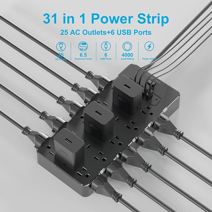 Heavy Duty Surge Protector Power Strip - 25 AC Outlets, 6 USB Ports, 4000J Protection, 6.5ft 14AWG Extension Cord, Flat Plug, Mountable,ETL Listed-DeskLoop Office