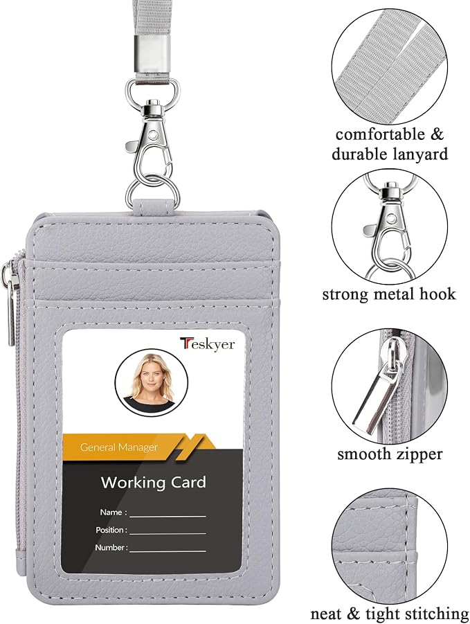 Teskyer ID Badge Holder with Lanyard, Lanyard Wallet, Lychee Gray | 4-Card - Image 2