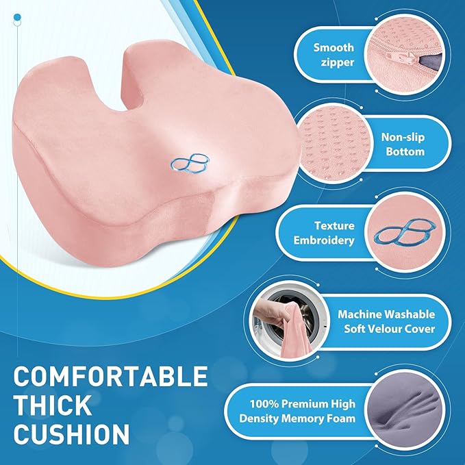 BlissTrends Seat Cushion,5.2in Thick Memory Foam Cushions for Office Chair, Car Seat, Airplane, Relieving Pressure Tailbone Sciatica Back Pain for Long Sitting Office Workers, Car Drivers Pink-DeskLoop Office