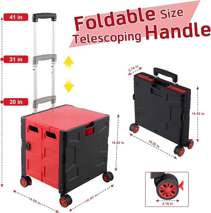 FELICON Folding Utility Cart Rolling Crate Handcart Basket Tote-Red+Black | - Image 3