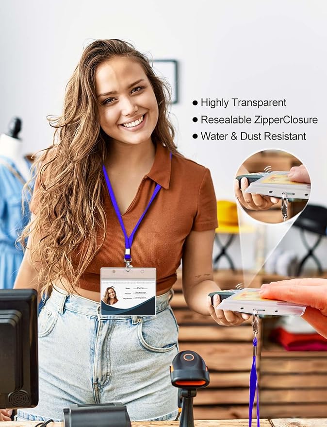 Clear ID Badge Holder with Lanyard Water Proof Horizontal Display - Image 2