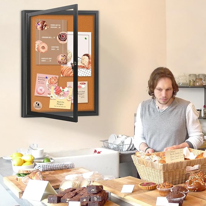 Enclosed Bulletin Board,Outdoor Weatherproof Cork Noticeboard with Locking Door, Wall-Mounted Black Aluminum Frame,Display Case Message Board for Office Home,36x24 Inch (5xA4)-DeskLoop Office