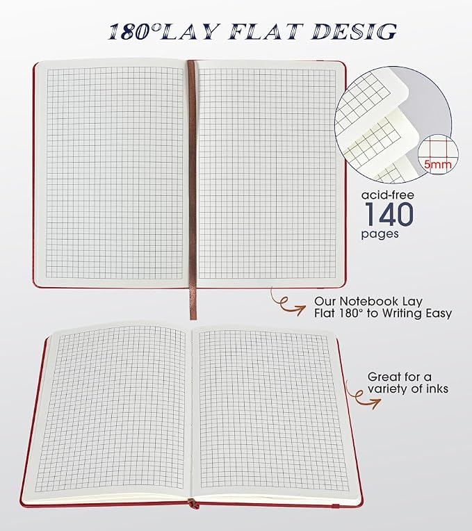 Biuwory A5 Hardcover Graph Paper Notebook, Grid Leather Journal - Image 5