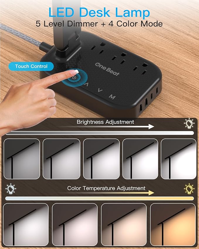 Power Strip with LED Desk Lamp, 10 Ft Extension Cord with 3 Outlets 4 USB Ports(2 USBC), 4 Modes 5 Level Touch Lamp Small Desk Lamps for Home Office College Dorm Room, Study Reading Light - BK-DeskLoop Office
