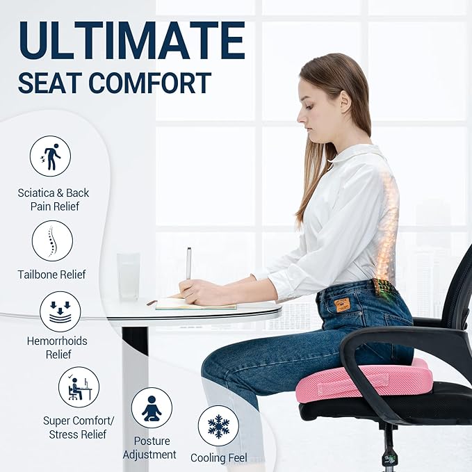 Gel Seat Cushion for Car Office - Memory Foam Pain Relief Chair Pillow Cushions - Tailbone Sciatica Coccyx Butt Lumbar Support Pad for Sitting Driving Traveling, Mesh, Pink-DeskLoop Office