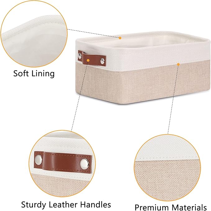 DULLEMELO Small Storage Bins, Storage Baskets for Organizing, Collapsible Rectangular Fabric Baskets for Shelves, Closets, Nursery, Home, Office, Empty Gift Baskets (6-Pack, White&Khaki)-DeskLoop Office