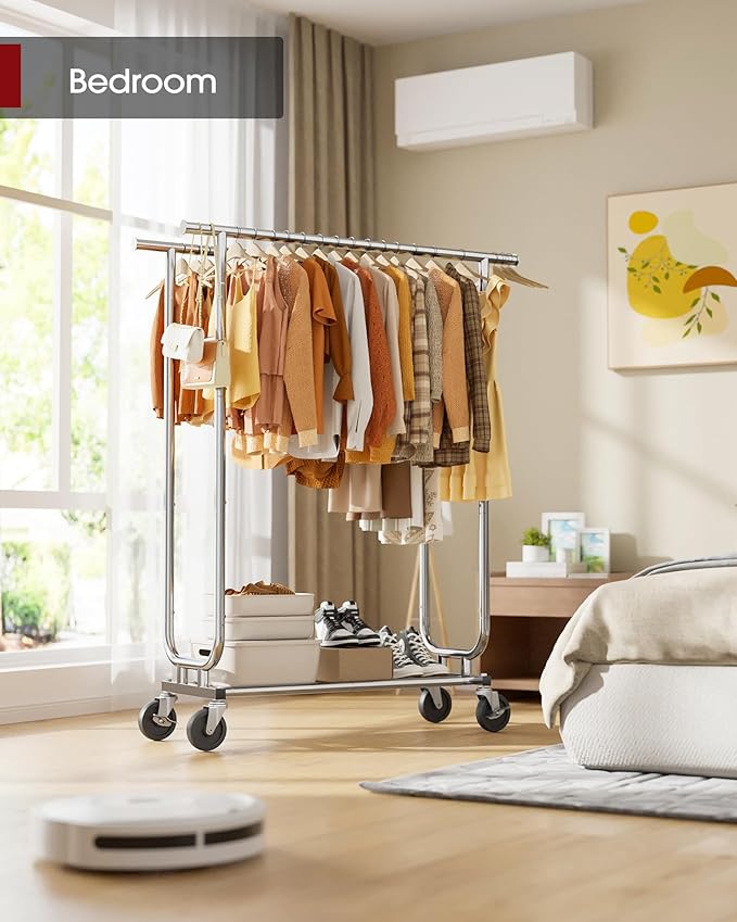 Heavy-Duty Clothes Rack - Double-Rod Stainless Steel Garment Rack with 4-inch Lockable Wheels, Clothing Racks for Hanging Clothes in Bedroom, Laundry Room, 43.3"×16.5"×61.0", Silver-DeskLoop Office