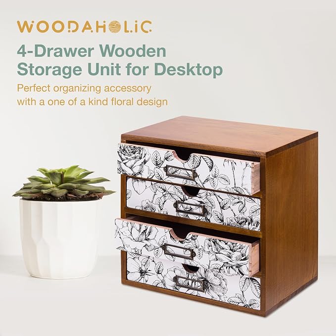 Vintage Desk Organizer with 4 Black & White Floral Drawers - Image 9
