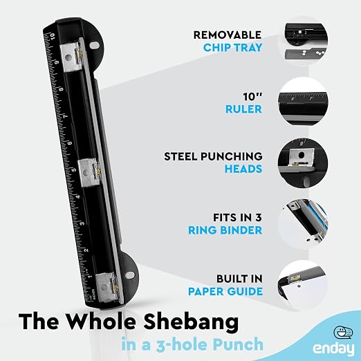 3 Hole Puncher for Binder, 3 Sheets Capacity, Removable Chip Tray, 10” Ruler - Image 3