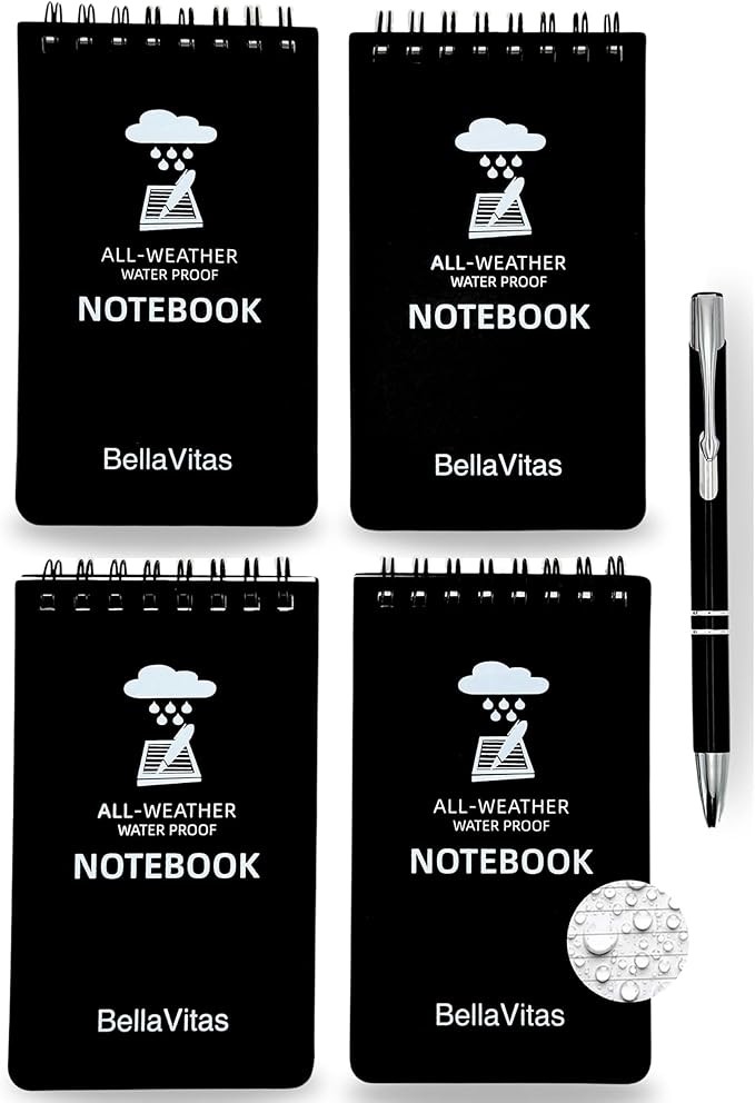 Waterproof 3x5 Notebook Pocket Notebook Small Spiral Notebooks Pocket Notepad Small Notepad 3x5 Pocket Notepad Police Notepad Tactical Notebook and All-Weather pen 4 Pack Black-DeskLoop Office