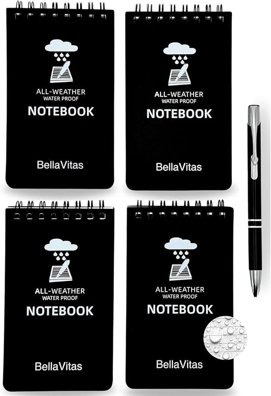 Waterproof 3x5 Notebook Pocket Notebook Small Spiral Notebooks Pocket Notepad Small Notepad 3x5 Pocket Notepad Police Notepad Tactical Notebook and All-Weather pen 4 Pack Black-DeskLoop Office