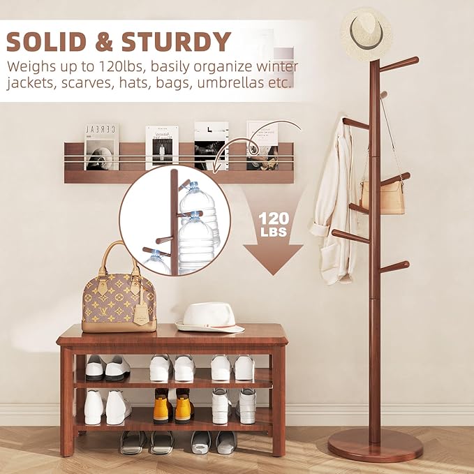 Uniclinens Coat Rack Freestanding Solid Wood Coat Tree Standing with 8 Hooks, Coat Rack Stand Creative Tree Branch-Look (Walnut)-DeskLoop Office