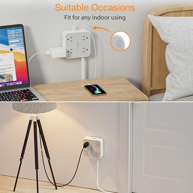 Flat Plug 20 FT Long Extension Cord, TESSAN Ultra Thin Power Strip Surge Protector with 8 AC Outlets, 900J, 3 USB Charger(1 USB C), Multi Port Charging Station for Home, Office, Dorm Room Essentials-DeskLoop Office