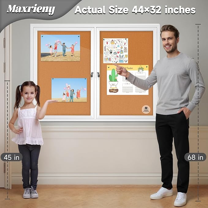 Lockable Outdoor Enclosed Bulletin Board, Weatherproof Cork Noticeboard with Locking Door, Wall-Mounted Aluminum Framed Display Case for Messages,36x24in (5xA4) (Silver Frame & Cork, 44x32 in)-DeskLoop Office