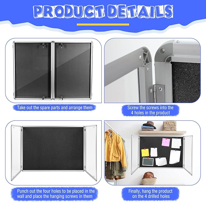 Enclosed Bulletin Board 48" x 36" Weather Resistant Lockable Notice Cork Display Board Wall Mounted 2 Locking Door for School Classroom Commercial Back to School, 12 x A4(Black, Silver Frame)-DeskLoop Office