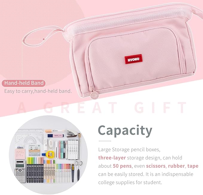 HVOMO Pencil Case Large Capacity Pencil Pouch Handheld Pen Bag Cosmetic Gift for Office School Teen Girl Boy Men Women Adult (Pink)-DeskLoop Office