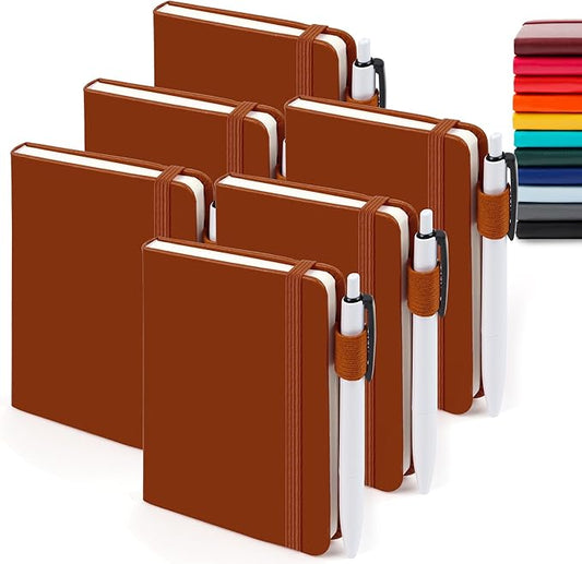 feela 6 Pack Pocket Mini Notebooks Bulk, Small Cute Memo Notepads Hardcover College Ruled Lined Journals with Pen Holder for School Business Work, with 6 Black Pens, 3.5”x 5.5”, A6, Brown