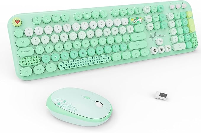 FOPETT Wireless Keyboard and Mouse Combo - 2.4G Full-Sized Cute Colorful Retro Keyboard with Round Keycaps 104 Keys Typewriter Keyboard for Laptop/Windows/PC-Green Colorful-DeskLoop Office