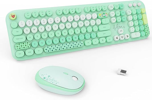FOPETT Wireless Keyboard and Mouse Combo - 2.4G Full-Sized Cute Colorful Retro Keyboard with Round Keycaps 104 Keys Typewriter Keyboard for Laptop/Windows/PC-Green Colorful-DeskLoop Office