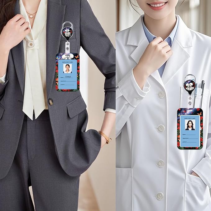 Cool Skeleton Skull ID Badge Holder Cute Rose Keychain Retractable Badge Reel - Image 4