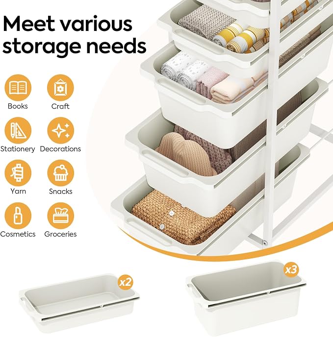 Slim Rolling Storage Cart with 5 Drawers, Craft Organizer, Wooden Tabletop - Image 3