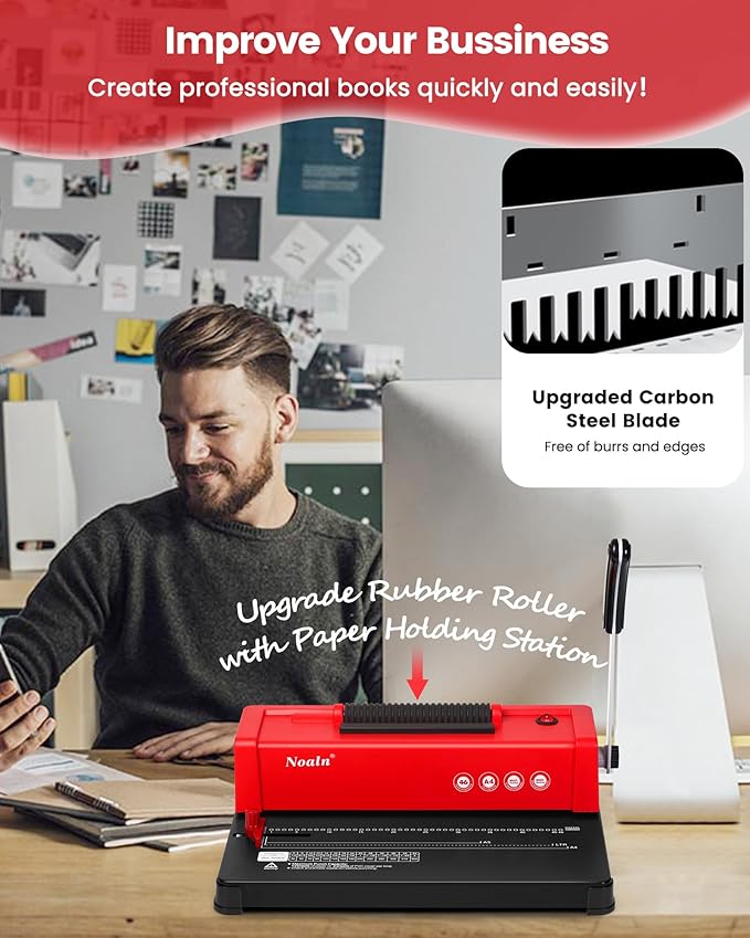 46-Hole Binding Machine Spiral Coil Binder Classic Red,DIY Book Binder Kits with Electric Coil Inserter,100pcs Comb Binding Spines,for Letter Size/A4/A5 School Office Home-DeskLoop Office