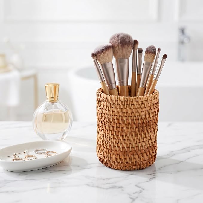 Okllen 2 Pack Rattan Pencil Holder, Handmade Wicker Pen Cup Makeup Brushes - Image 7