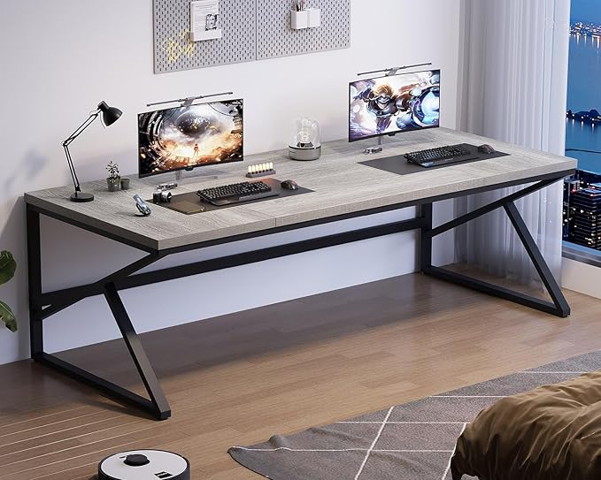 HSH 78 Inch Long Home Office Desk, Extra Large Grey Computer Desk for 2 Person, Industrial Wooden and Metal Executive Work Writing Study Gaming Desk Table, Modern Bedroom PC Laptop Desk Double Desk-DeskLoop Office