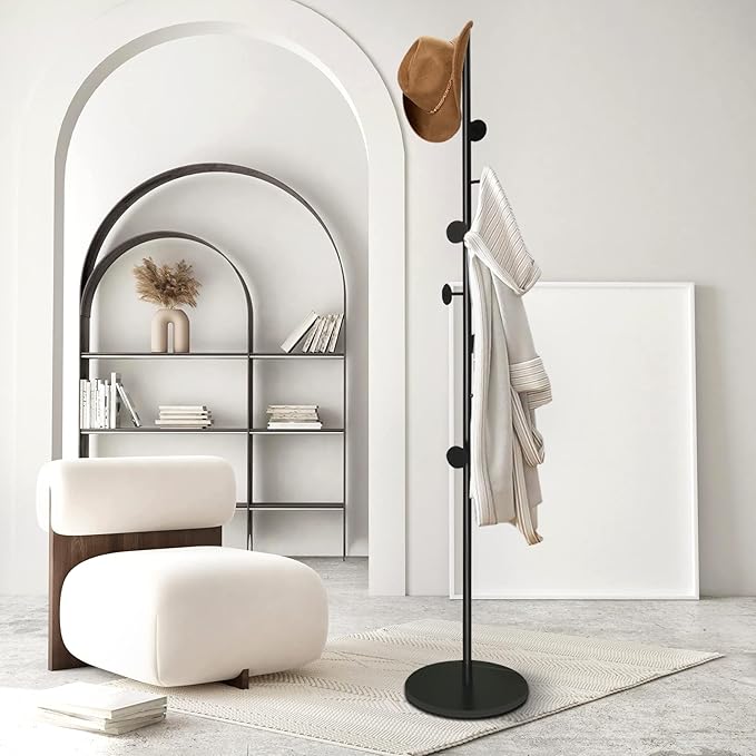 Coat Tree Freestanding, Metal Coat Rack Tree with 8 Hooks, Free Standing Hanger for Hats Scarves Purses Umbrellas, Coat Stands with Stable Base for Entryway Bedroom, Black-DeskLoop Office