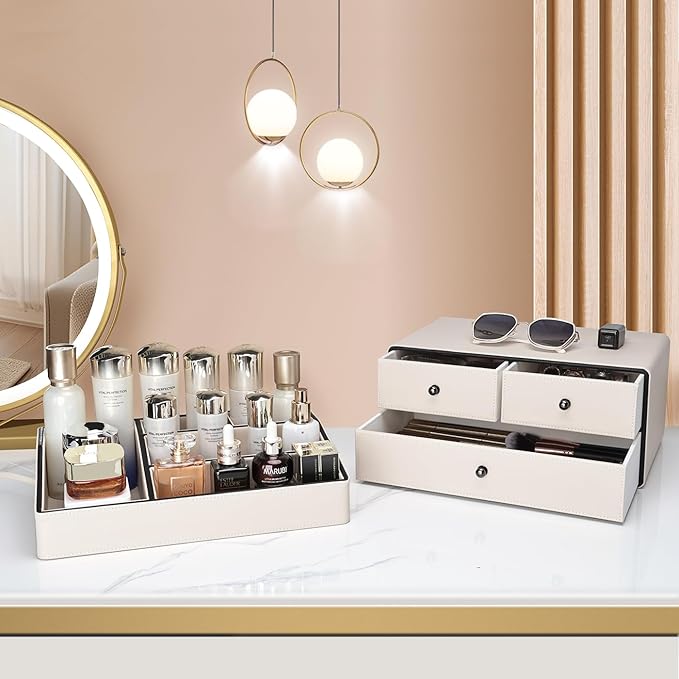 KINGFOM Leather Makeup Organizer with 3 Drawers, 2 Tier Cosmetic Storage Organizer for vanity Dresser Countertop and Bathroom Vanity, Beauty Holder for Lipstick Brush Skincare (Beige)-DeskLoop Office