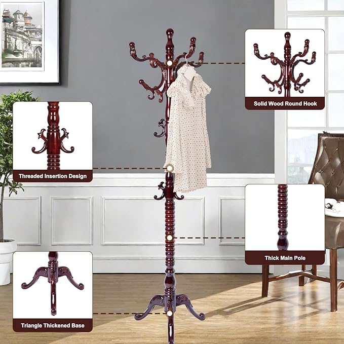 Solid Wood Coat Rack – 73" Freestanding Coat Racks Stand with 14 Hooks & Stable Base, Adjustable Height Modern Wooden Hall Tree for Entryway, Bedroom, Office, Home (Mahogany Triangle)-DeskLoop Office
