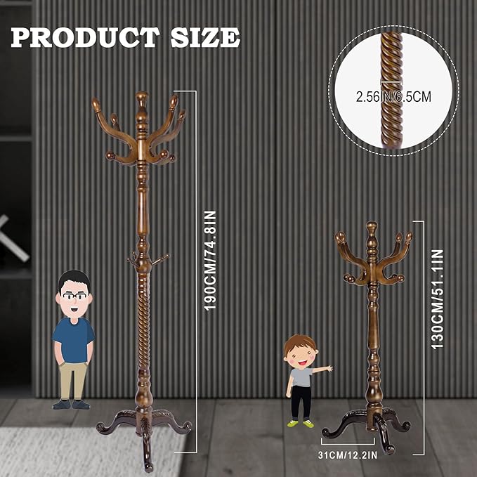 Coat Racks FreeStanding with 11 Hooks, Natural Wood Coat Rack with Tri-Legged Base, Adjustable Height Coat Racks, Easy Assembly for Hallway, Bedroom and Office (Walnut-Tri-Legged Base)-DeskLoop Office