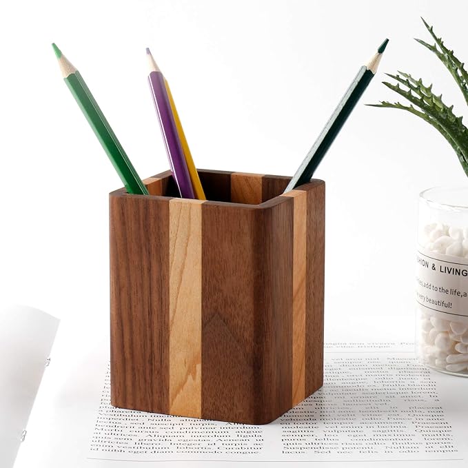 Walnut Pencil Holder Wood Pen Holder For Desk Pen Cup Organizer Ofiice Pencil Stand Simple(Cherry center walnut side)-DeskLoop Office