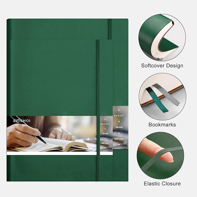EMSHOI A4 College Ruled Notebook Journal- 400 Pages (200 sheets), 7mm Spacing & Vegan Leather Cover for Work, School, Bible Study, Bullet Journaling- with Sticky Notes, Pocket & Pen Holder -Dark Green
