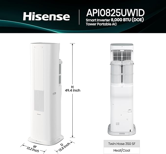 Hisense API0825UW1D Smart Inverter Twin Hose 8,000 BTU (DOE) 350 SF Heat/Cool Tower Portable Air Conditioner, White-DeskLoop Office