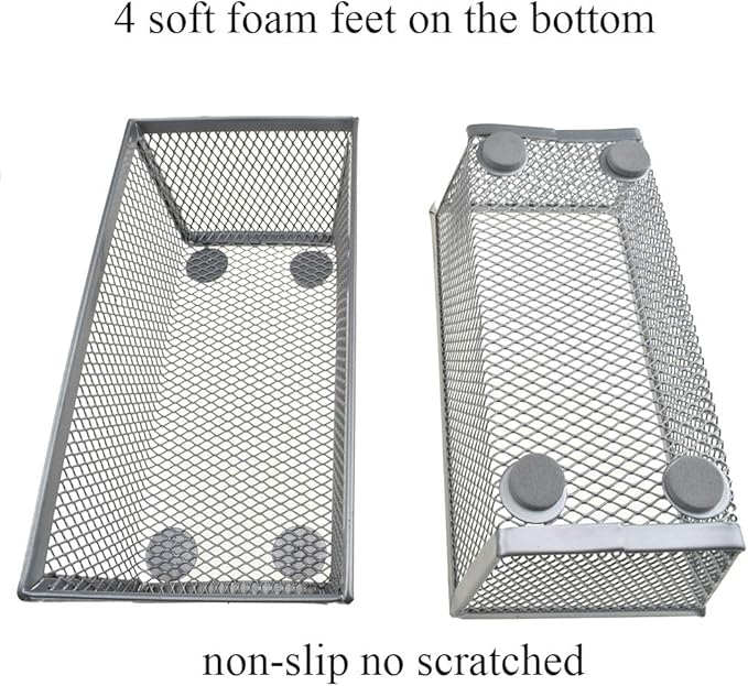 HAHIYO Stackable Mesh Tray Cup 6 x 3 x 2 inches Sturdy Container for Desk Drawer Organizer Collection for Home Office School kitchen Soft Foam Feet No Sharp Edges 2 Pack Silver-DeskLoop Office