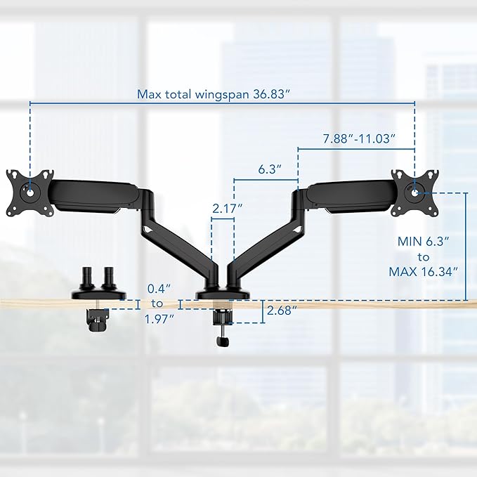 Mount-It! Dual Monitor Desk Mount – Full Motion Gas Spring Arms, Fits 13 to 32 Inch Screens, Holds 17.6 lbs per Arm, Dual Monitor Stand, VESA Mount, C-Clamp & Grommet Base-DeskLoop Office