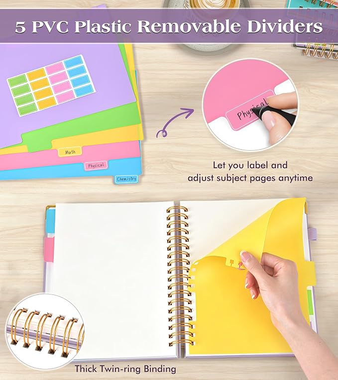 5 Subject Blank Notebook with Removable Dividers Tabs, 300 Pages Hardcover - Image 3